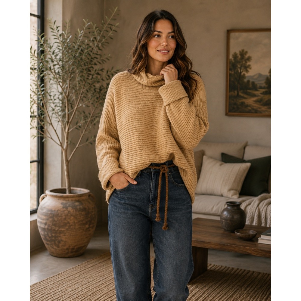 Pilcro Sweater Womens XS Tan Oversized Cowl Neck Ribbed Knit Boho Slouchy
